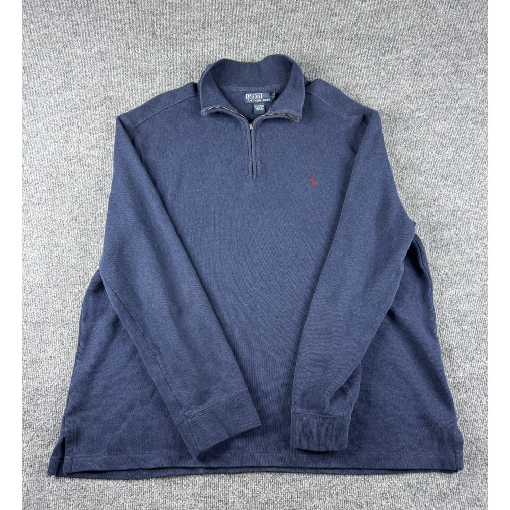 VINTAGE Polo Ralph Lauren Sweater Mens XL Blue 1/4 Zip Pullover Mock Neck Cotton
